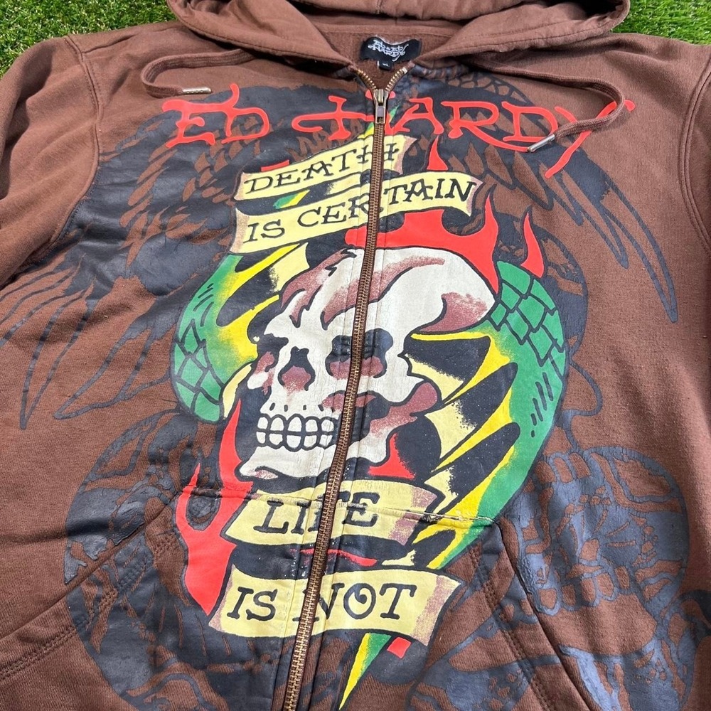 Ed Hardy Skull Eagle Zip Hoodie Brown Graphic Y2K Tattoo Men's XL Full Zip Zip - Picture 2 of 7